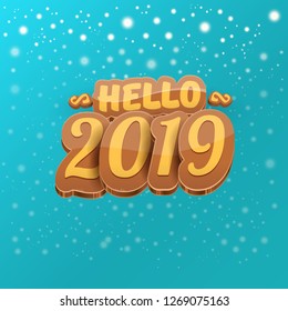 Hello 2019 Happy new year creative design background or greeting card with colorful numbers. Happy new year label or icon isolated on night sky background with stars