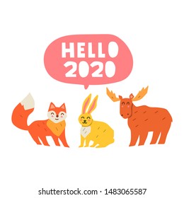 Hello 2020. Funny hand drawn animals. Vector illustration on white background. 