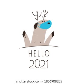 Hola 2021. Venado lindo con máscara protectora. Ilustración vectorial dibujada a mano sobre fondo blanco. 