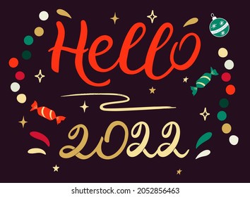 Hello 2021! Lettering vector illustration to  New Year. Bright colors on dark background