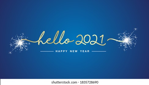 Hello 2021 New Year handwritten line design typography gold white blue background banner