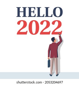 Hello 2022. Man draws on wall. Vector illustration flat design. Isolated on white background. Happy New Year 2022.