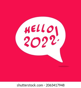 Hello 2022 motivational inspirational phrase. Vector illustration with hand drawn speech bubble on red background.