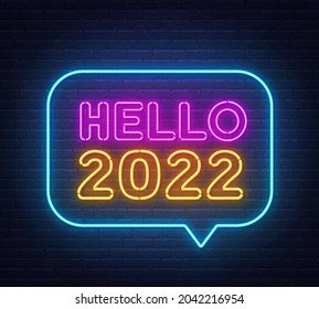 Hello 2022 neon sign on a brick wall background.