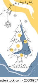 Hello 2022 winter cute cover designs in cartoon continuous style for brochures, blogging stories, applications. Vector template background with Xmas elements. Winter holiday.