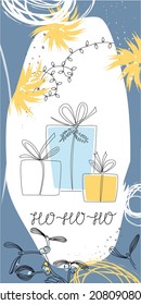 Hello 2022 winter cute cover designs in cartoon continuous style for brochures, blogging stories, applications. Vector template background with Xmas elements. Winter holiday presents.
