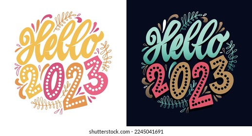 Hallo 2023 - süße handgezeichnete, doodle Schrift, die Postkarte. Schönes neues Jahr.