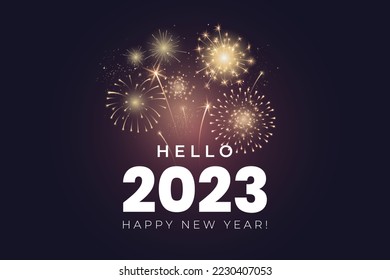 Hello 2023 greeting card design. Happy New Year 2023 text with realistic festive fireworks explosions isolated on dark background. Congratulation banner. Vector illustration.