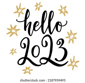 Hello 2023 hand drawn funny banner. New year concept. lettering vector illustration isolated on white background. Festive calligraphy.