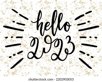 Hola 2023 banner divertido dibujado a mano. Concepto de año nuevo. ilustración vectorial con letras aisladas en fondo blanco. Caligrafía festiva.