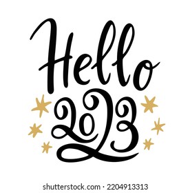 Hello 2023 hand drawn funny banner. New year concept. Sketch vector illustration isolated on white background.