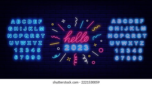 Hello 2023 neon signboard. Confetti frame. Luminous blue alphabet. New Year invitation. Merry Christmas design. Season greetings. Winter holiday celebration. Vector stock illustration