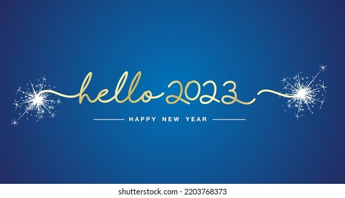 Hello 2023 New Year gold handwritten line design typography white sparkle firework on blue background banner