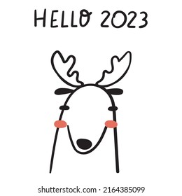 Hello 2023. Reindeer. Outline Vector Icon.