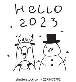 Hello 2023. Snowman and deer. Hand drawn outline vector illustration on white background.