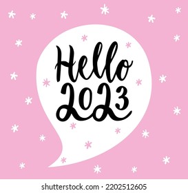 Hello 2023. Vector illustration on pink background. Design vector card on pastel background. New year concept. Sketch vector illustration.