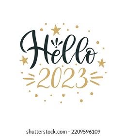 Hello 2023Hello 2023. Merry Christmas and Happy New Year lettering. Winter holiday greeting card, xmas quotes and phrases illustration set. Typography collection for banners, postcard, greeting cards