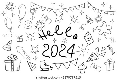  Hello 2024. Big set with doodle modern elements and hand drawn phrase hello 2024. Flags garland, fireworks, party hats. New year, party concept.