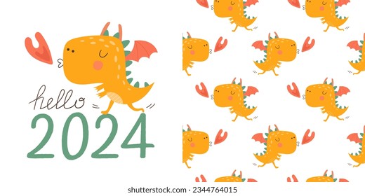 Hello 2024 card with cute dragon. Happy New Year. Vector illustrations