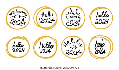 Hello 2024 doodle sticker set. Welcome New Year concept. Handwritten phrase with doodle scribble circle. Black and gold clip art collection. Vector illustration isolated on transparent background