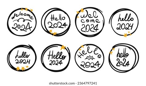 Hello 2024 doodle sticker set. Handwritten phrase with doodle circle, scribble stars. Black and gold clip art collection. Vector illustration isolated on transparent background