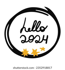 Hello 2024 handwritten phrase with doodle circle and golden stars. Vector illustration isolated on transparent background