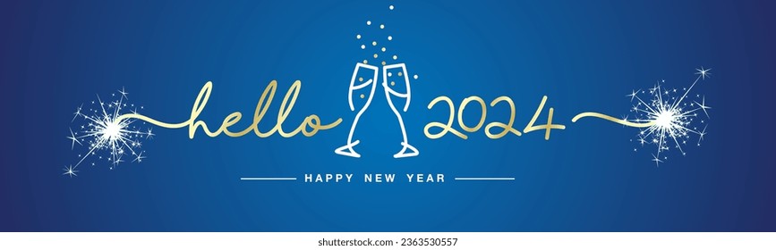 Hello 2024 Happy New Year gold handwritten line design typography shapes 2024 with white sparkle firework and champagne glasses on blue background banner