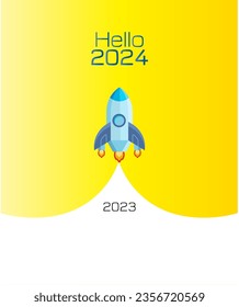 Hello 2024 Illustration with blue rocket towards 2024 concept on Isolated Yellow background new year 2024 celebration and goodbye 2023