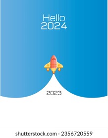 Hello 2024 Illustration with orange rocket towards 2024 concept on Isolated Blue background new year 2024 celebration and goodbye 2023