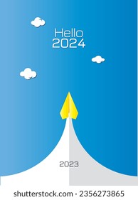 Hello 2024 Illustration with paperfly theme for goodbye 2023 and welcome happy new year 2024  svg