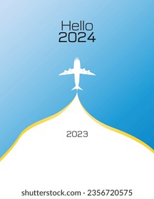 Hello 2024 Illustration with plane towards 2024 concept on Isolated Blue background new year 2024 celebration and goodbye 2023