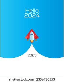 Hello 2024 Illustration with red rocket towards 2024 concept on Isolated Blue background new year 2024 celebration and goodbye 2023 svg