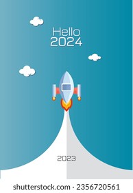 Hello 2024 Illustration with rocket towards 2024 with could concept on Isolated Blue background new year 2024 celebration and goodbye 2023