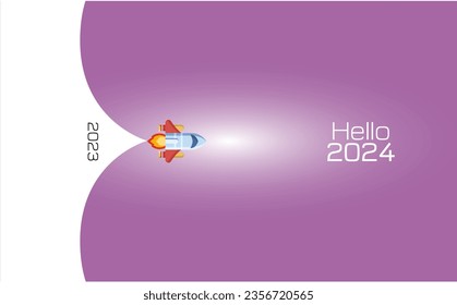 Hello 2024 Illustration with rocket towards 2024 concept on Isolated Purple background new year 2024 celebration and goodbye 2023