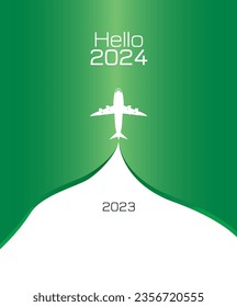 Hello 2024 Illustration with white plane towards 2024 concept on Isolated Green background new year 2024 celebration and goodbye 2023