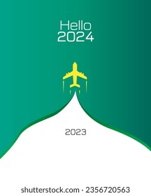 Hello 2024 Illustration with yellow plane towards 2024 concept on Isolated Green background new year 2024 celebration and goodbye 2023 svg
