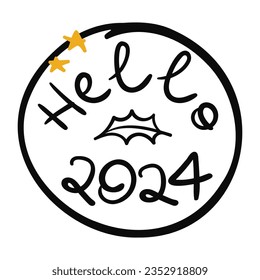 Hello 2024 lettering. Doodle circle, holly leaf and scribble stars. Black and gold print. Vector illustration isolated on white background