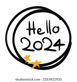 Hello 2024 lettering. Doodle circle and scribble stars. Black and gold print. Vector illustration isolated on transparent background