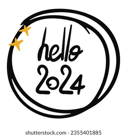 Hello 2024 lettering. Doodle circle and hand drawn stars. Black and gold print. Vector illustration isolated on transparent background