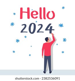 Hello 2024. Man draws on wall. Vector illustration flat design. Isolated on white background. Happy New Year 2024.
