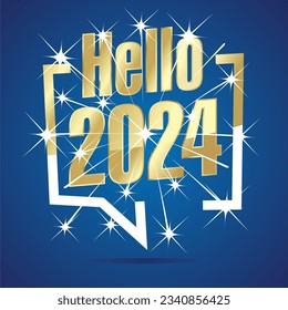 Hello 2024. New Year 2024 in speech brackets gold white blue sticker with sparkle firework icon background