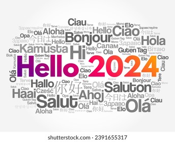 Hola nube de palabras 2024 en diferentes idiomas del mundo, fondo de concepto