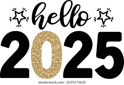 Hello 2025, Happy New Year calligraphy. Hand drawn lettering phrase, Calligraphy t shirt design, Isolated on white background, Cutting Files