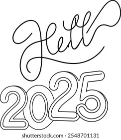 Hallo 2025, Frohes neues Jahr Silhouette Kalligraphie. Handgezeichneter Schriftzug, Kalligrafie T-Shirt-Design.