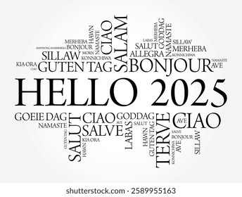 Hello 2025 word cloud in different languages of the world, concept background