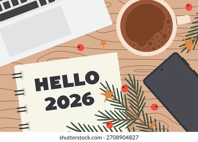Concepto de planificación de año Nuevo 2026; composición plana en escritorio de oficina - Ilustración vectorial