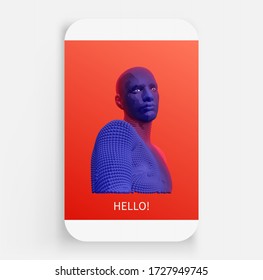 Hello! 3d abstract human torso. Vector illustration composed of particles.