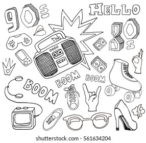 Hello 80s,90s. Retro elements,boombox,cassete, rollers, glasses,Cassette Player,gumshoes. Doodle vintage design items.Vector Illustration 