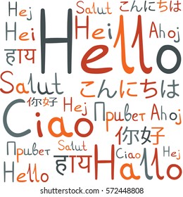 Hello all languages white background pattern orange freindship italic