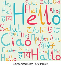 Hello all languages white background pattern blue freindship italic